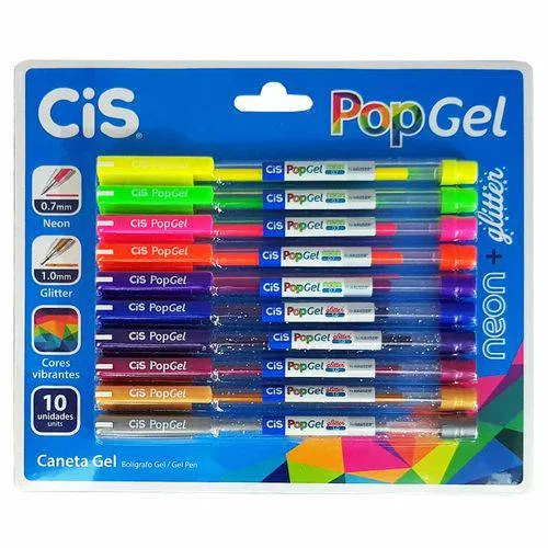 CANETA ESFEROGRÁFICA POP GEL BLISTER C/10 SORTIDAS NEON + GLITTER