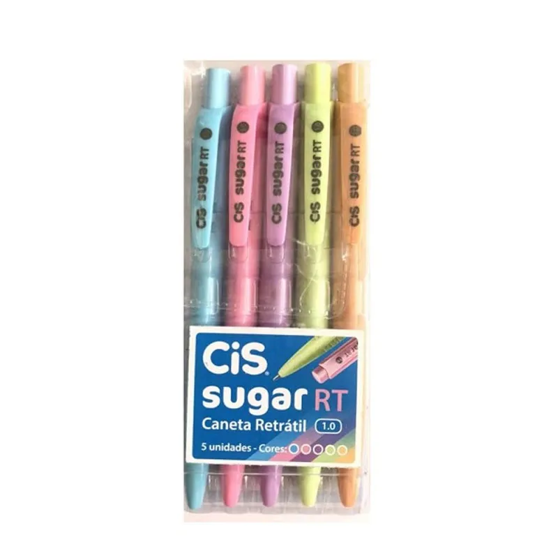 CANETA CIS SUGAR RETRÁTIL PASTEL ESFEROGRÁFICA 1.0 - ESTOJO COM 5 UNIDADES