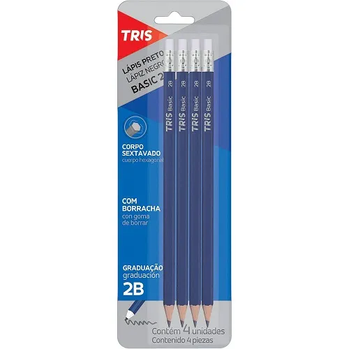 Lápis Preto Basic Tris 2B com Borracha - 4 Unidades