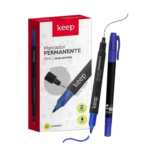 Marcador Permanente Duas Pontas Fina/Ultrafina 1.0mm/0.4mm Azul Keep MR021 - Unidade.