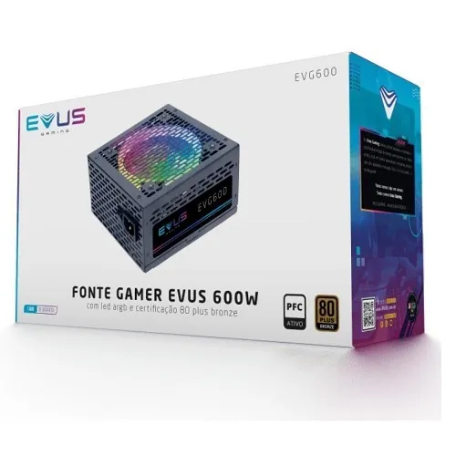 Fonte Evus Gamer 600W 80 Plus Bronze LED RGB - EVG600.